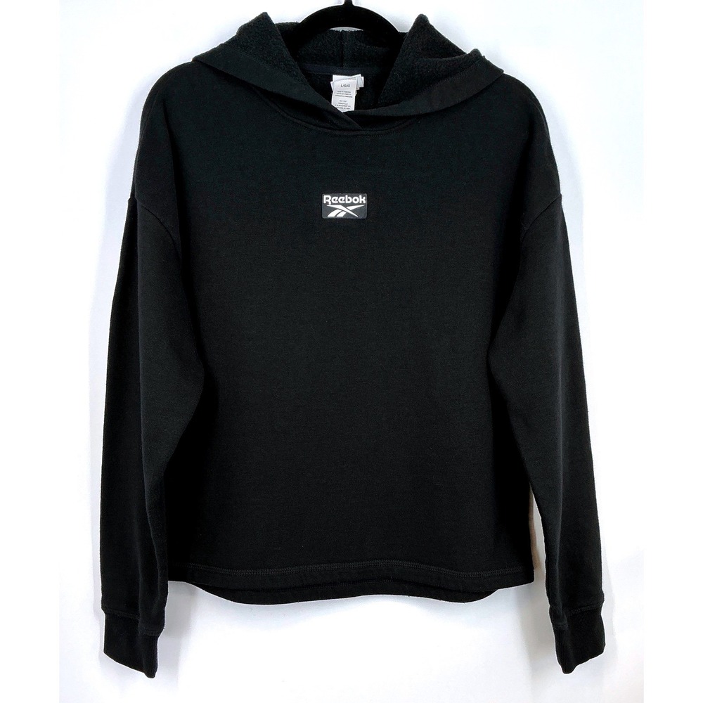 Reebok Black Fleece Lined Logo Pullover Hoodie Sweatshirt Sz L Lounge Streetwear